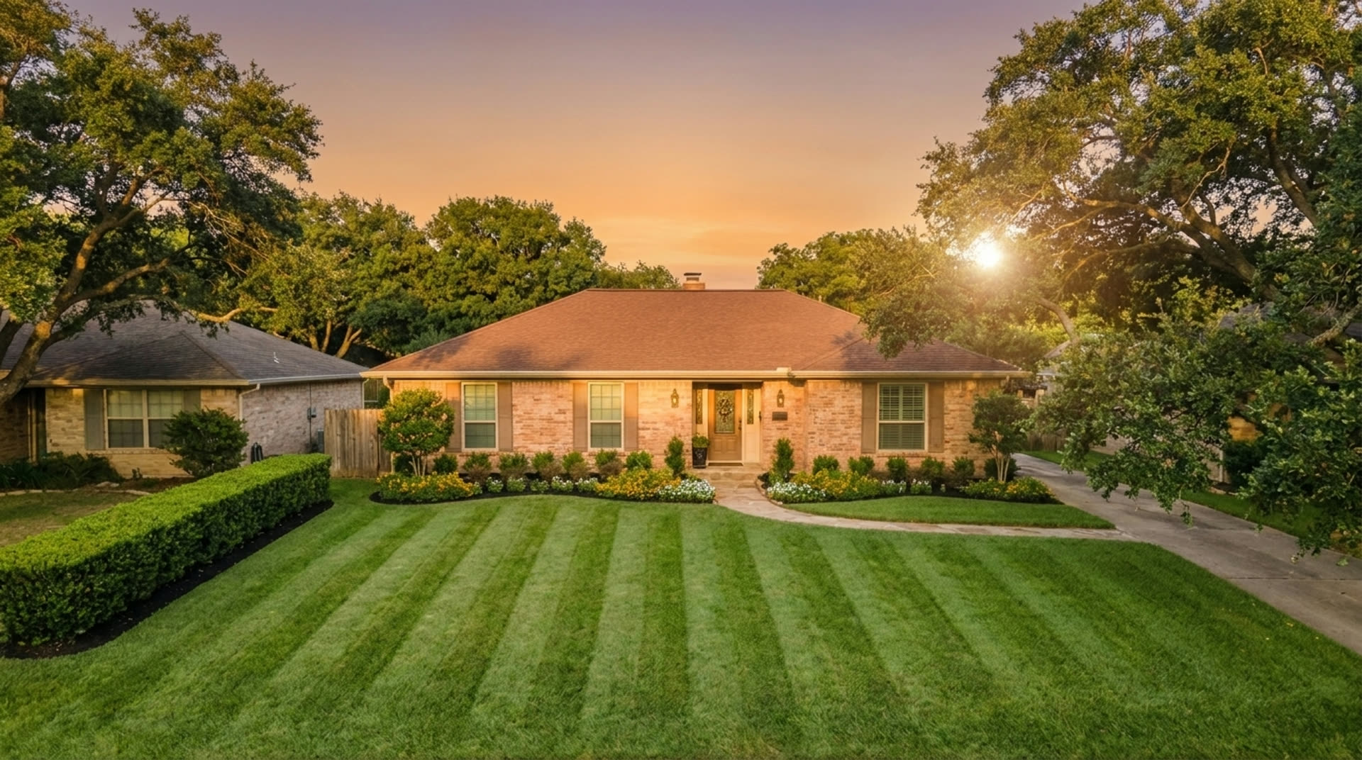 A whole property seen from above after a full renovation, lawn and beds and fence line complete
