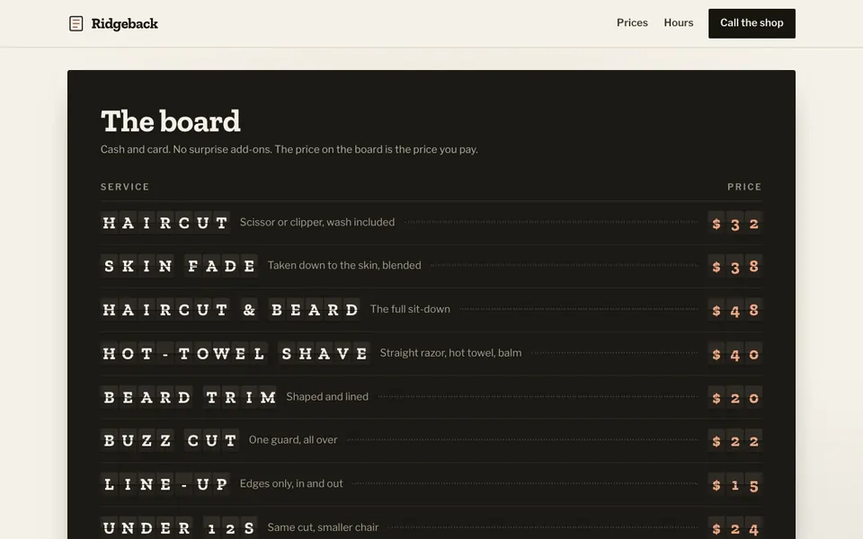 The opening screen of the barber shop demonstration build