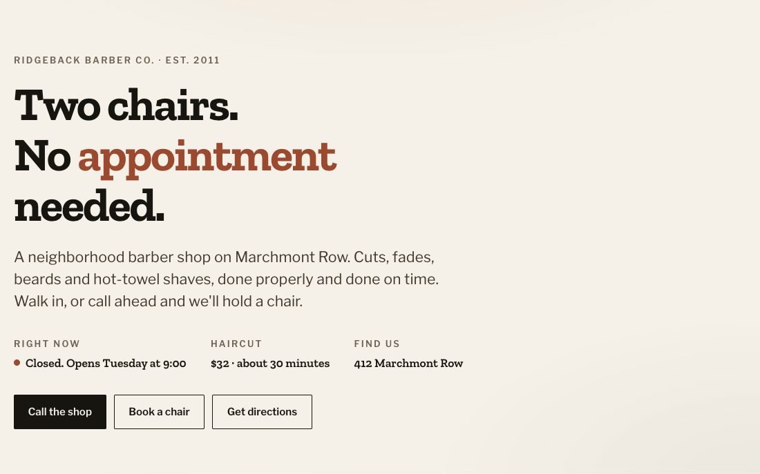 A screen from the barber shop demonstration build